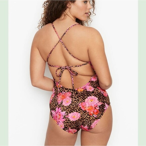 Victoria's Secret Negril Floral/Cheetah Print Plunge Halter One-Piece Swimsuit - Picture 2 of 11